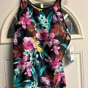 Free Country Black Floral Scoop Neck Tank with Pink, Teal & Yellow Blooms